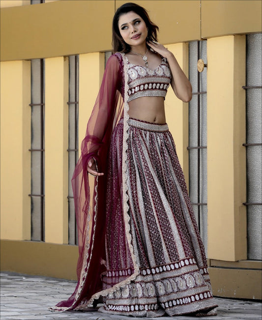 Wine Color Georgette Sequence and Thread Work Lehenga choli