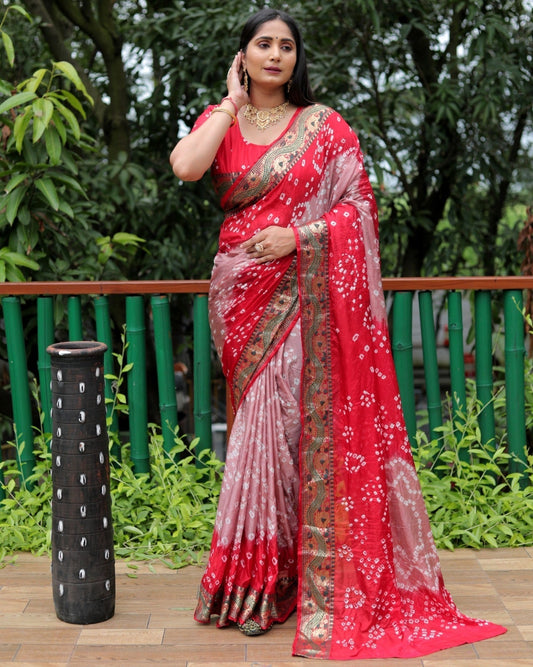Bandhej With Zari Weaving Border Peach And Red Saree