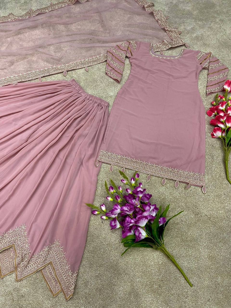 Stylish Light Pink Color Embroidery Work Sharara Suit