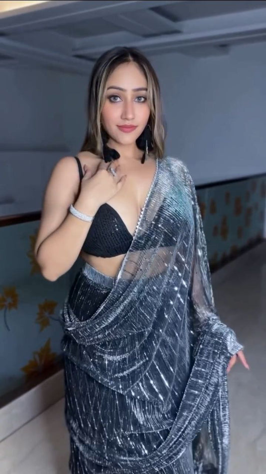 Party Wear With Heavy Tikli Work Black Color Saree