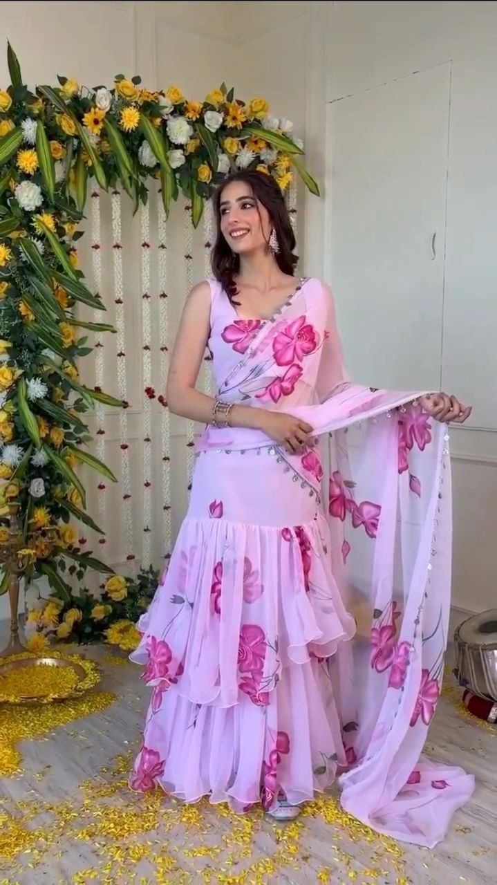 Awesome Georgette Print Lavender color Lehenga saree