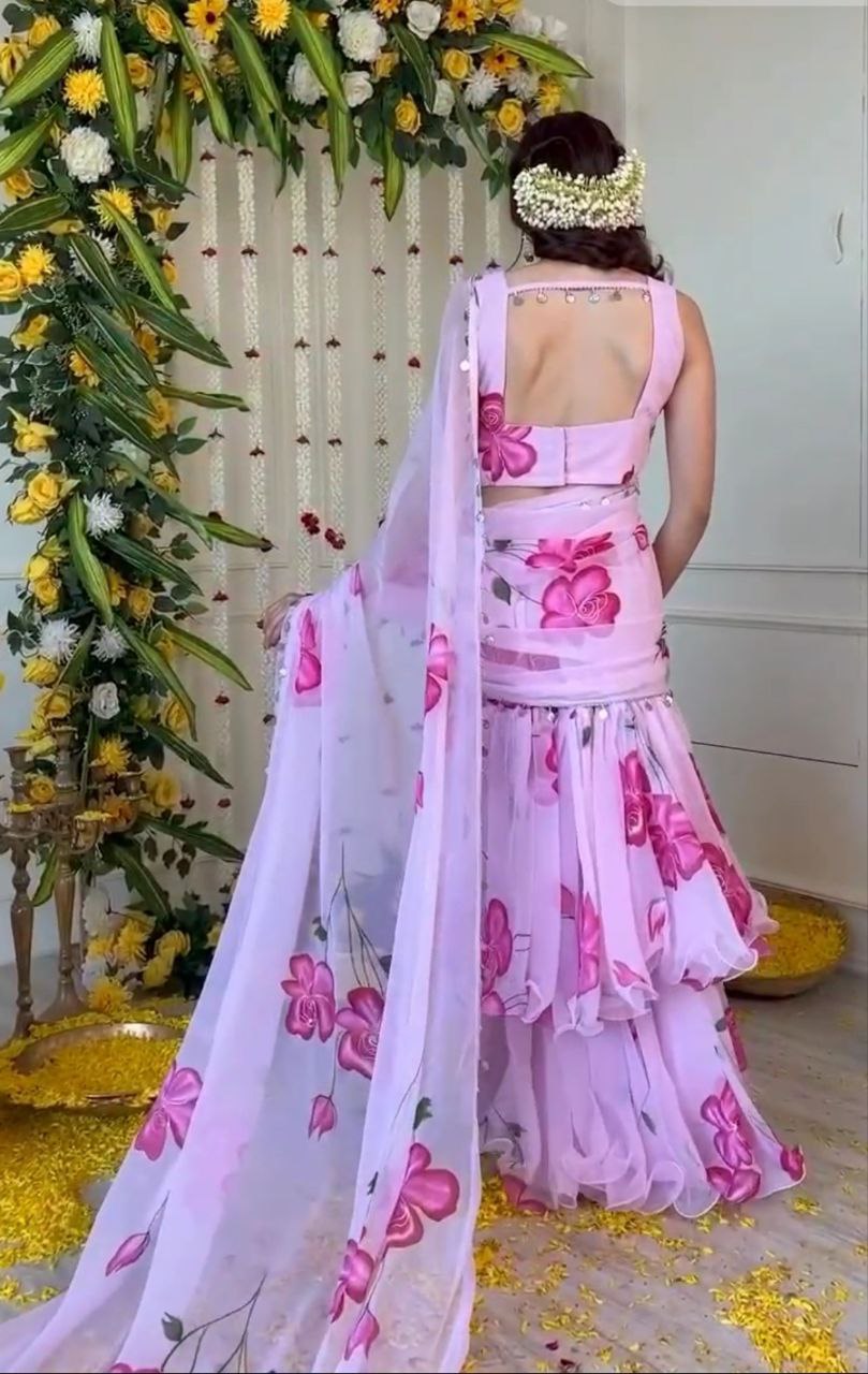 Awesome Georgette Print Lavender color Lehenga saree