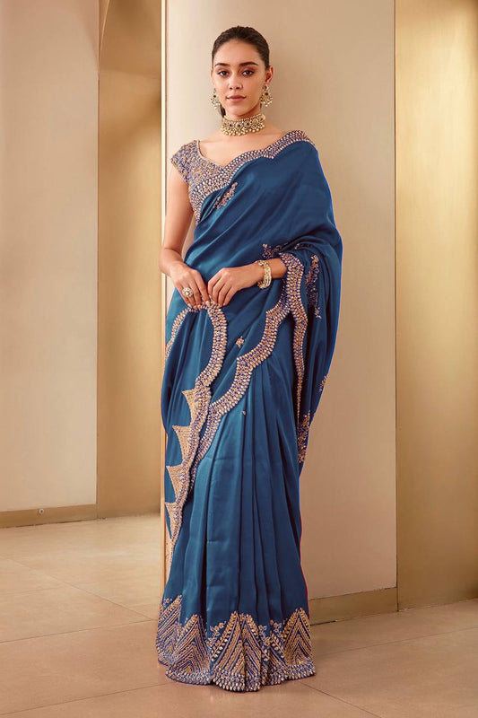 Shining Embroidery Work Aque Blue Color Saree