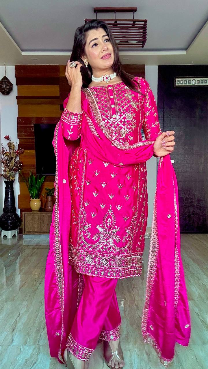 Decent Cinon Silk Embroidery Work Pink Color Salwar Suit
