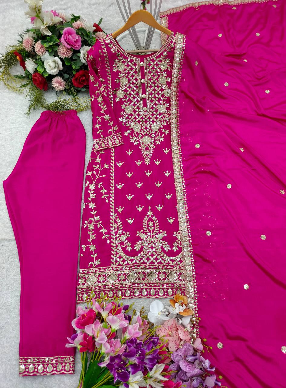 Decent Cinon Silk Embroidery Work Pink Color Salwar Suit