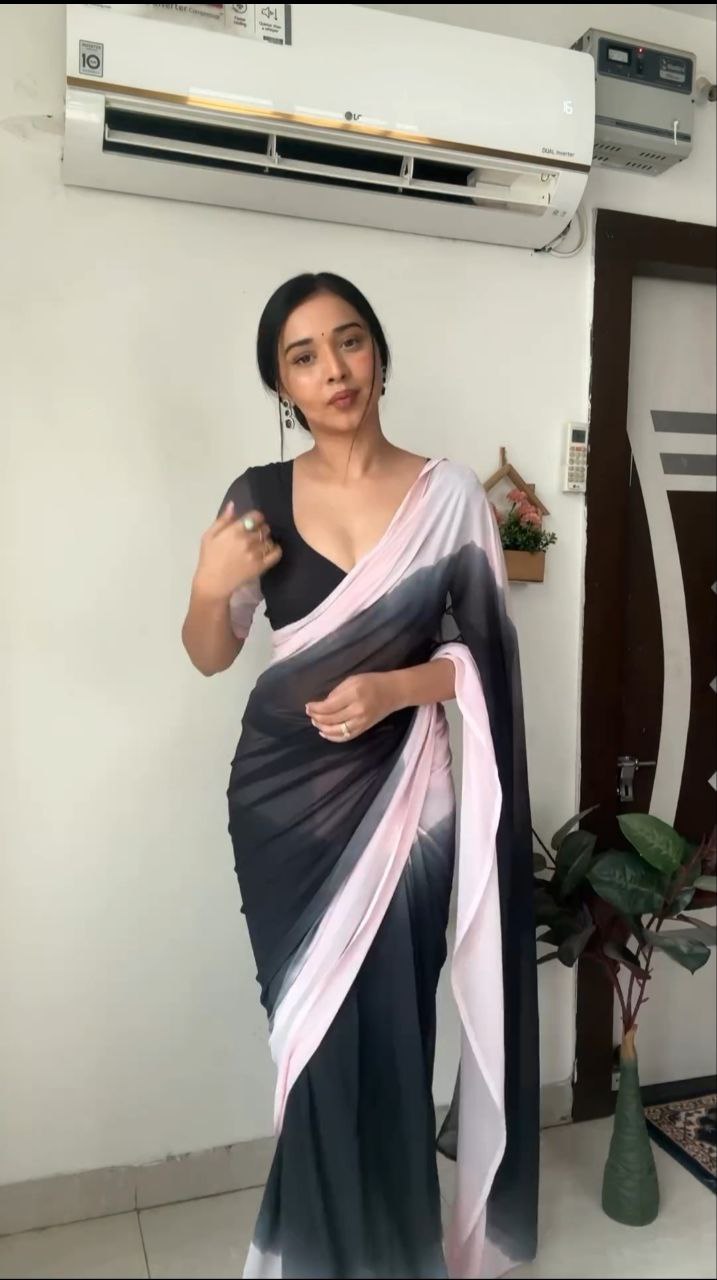 Designer Digital Print Black Color Ready To Wear Saree