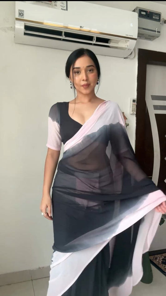 Designer Digital Print Black Color Ready To Wear Saree