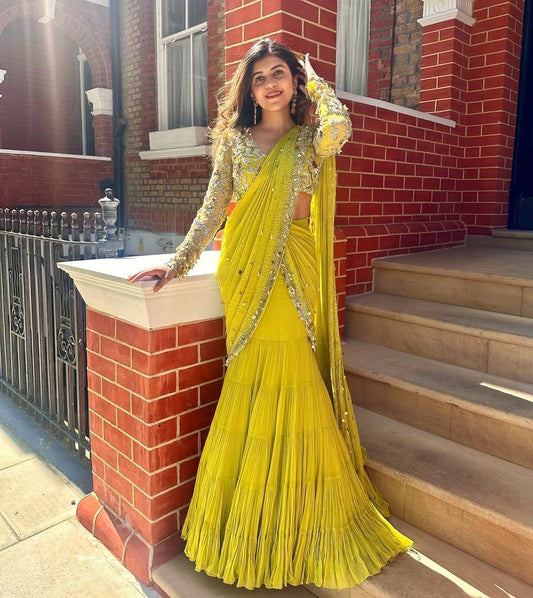 Haldi Wear Gorgette Yellow Color Reday To Wear Saree