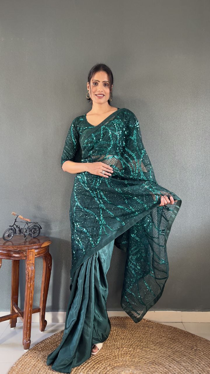Superhit Embroidery Sequins Work Green Color Ready To Wear Saree