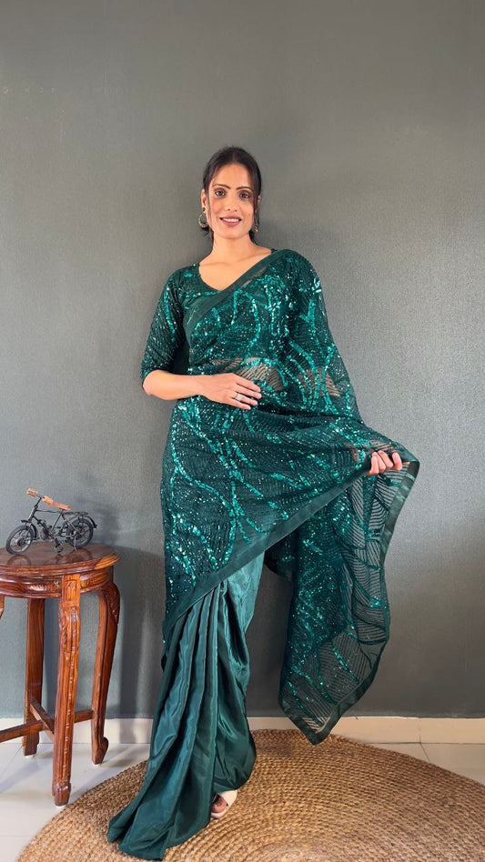 Superhit Embroidery Sequins Work Green Color Ready To Wear Saree