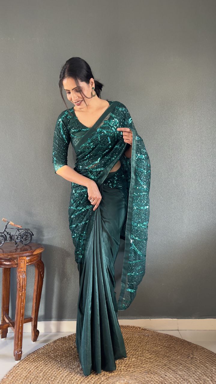 Superhit Embroidery Sequins Work Green Color Ready To Wear Saree