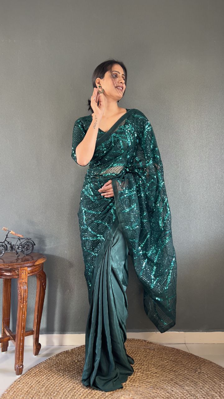Superhit Embroidery Sequins Work Green Color Ready To Wear Saree