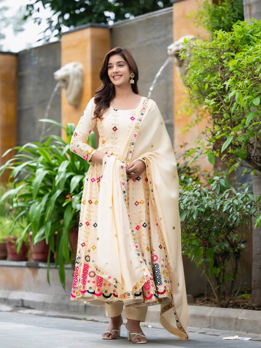 Multi Embroidery Color Cream Color Anarkali Gown