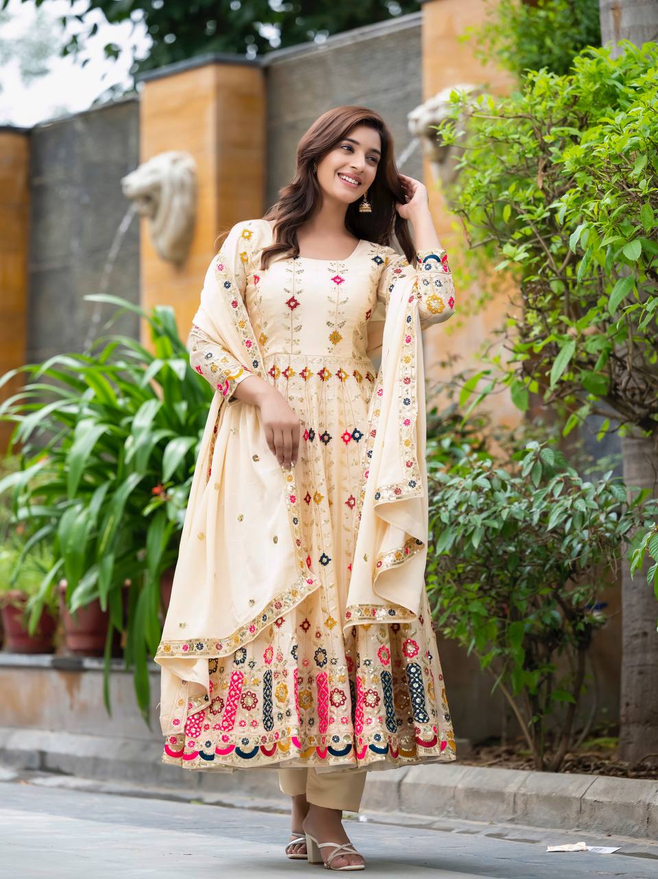 Multi Embroidery Color Cream Color Anarkali Gown