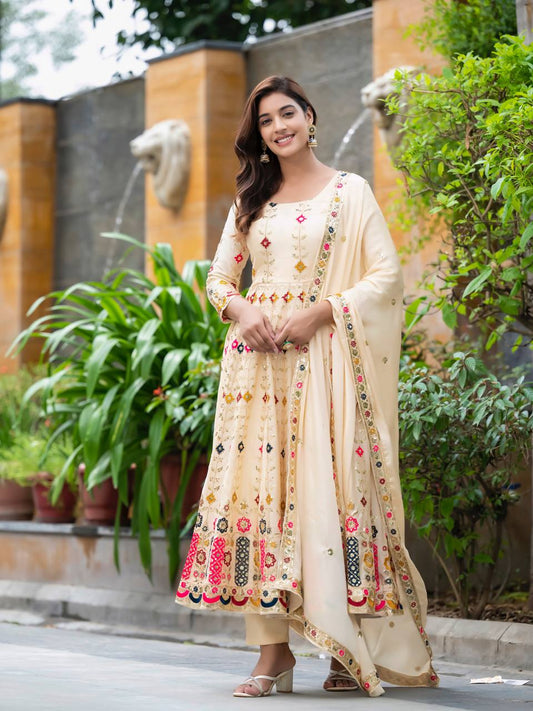 Multi Embroidery Color Cream Color Anarkali Gown