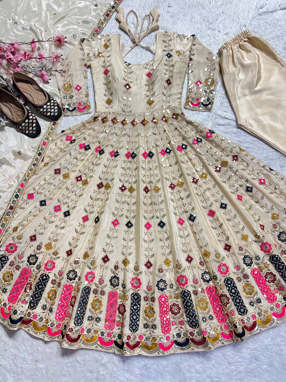 Multi Embroidery Color Cream Color Anarkali Gown