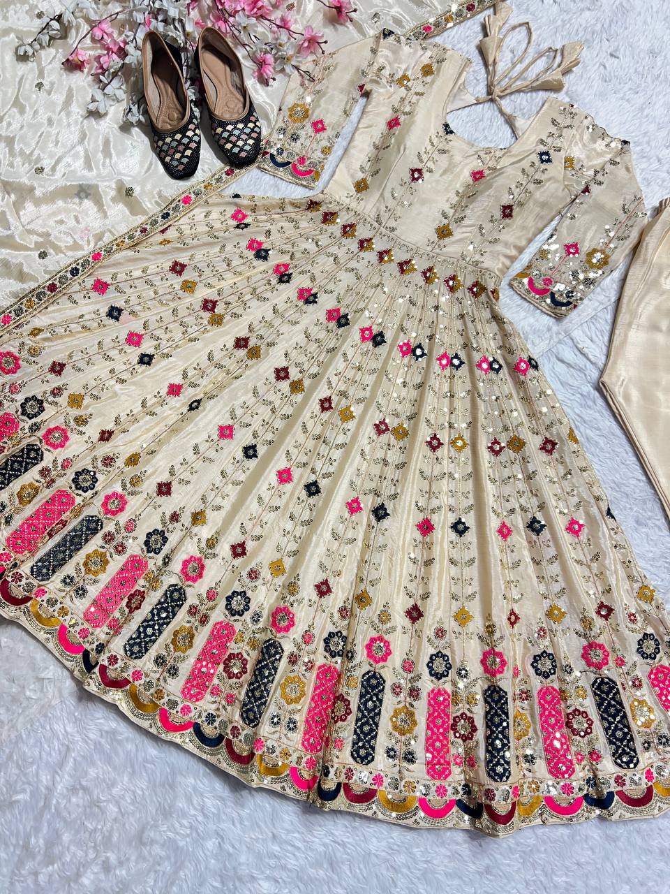 Multi Embroidery Color Cream Color Anarkali Gown
