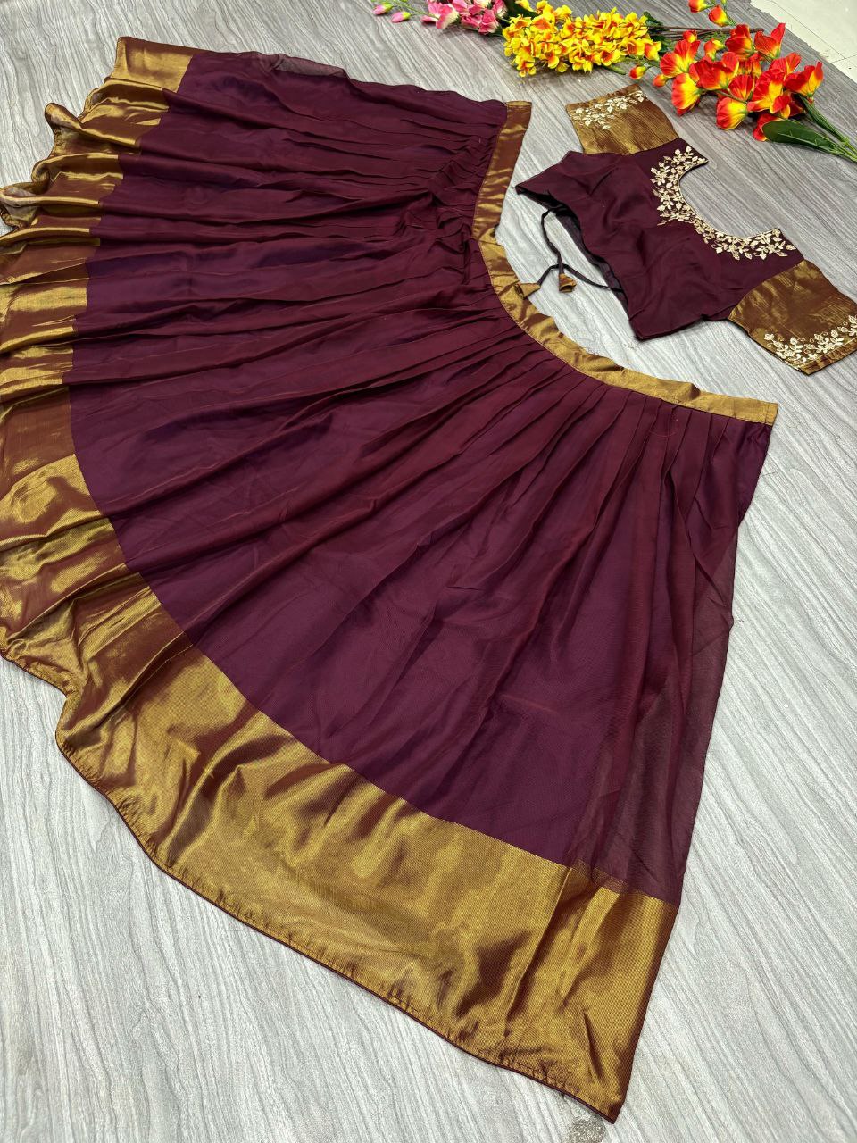 Function Wear Marrom Color Chiffon Jari Patta Lehenga Choli