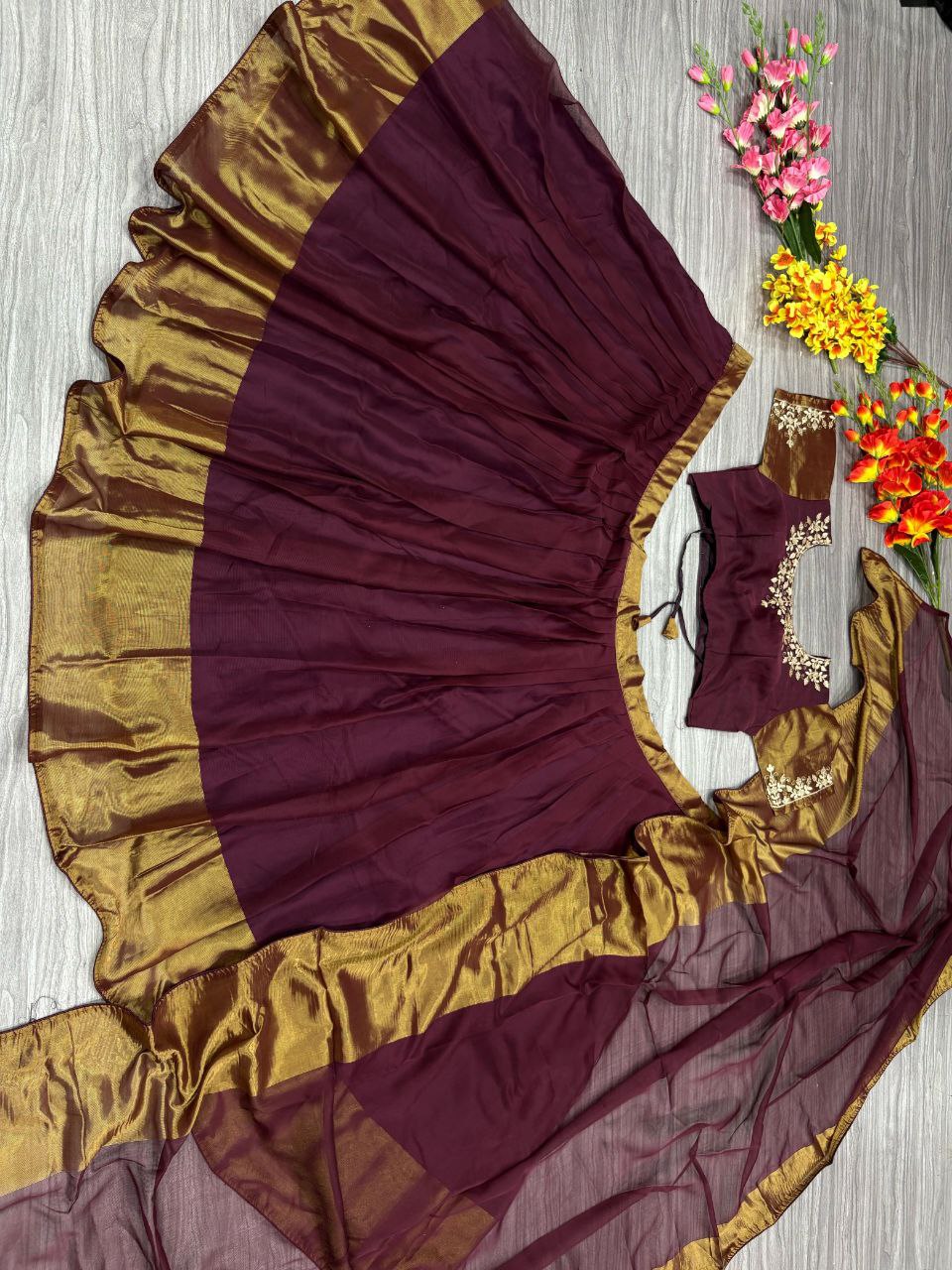 Function Wear Marrom Color Chiffon Jari Patta Lehenga Choli