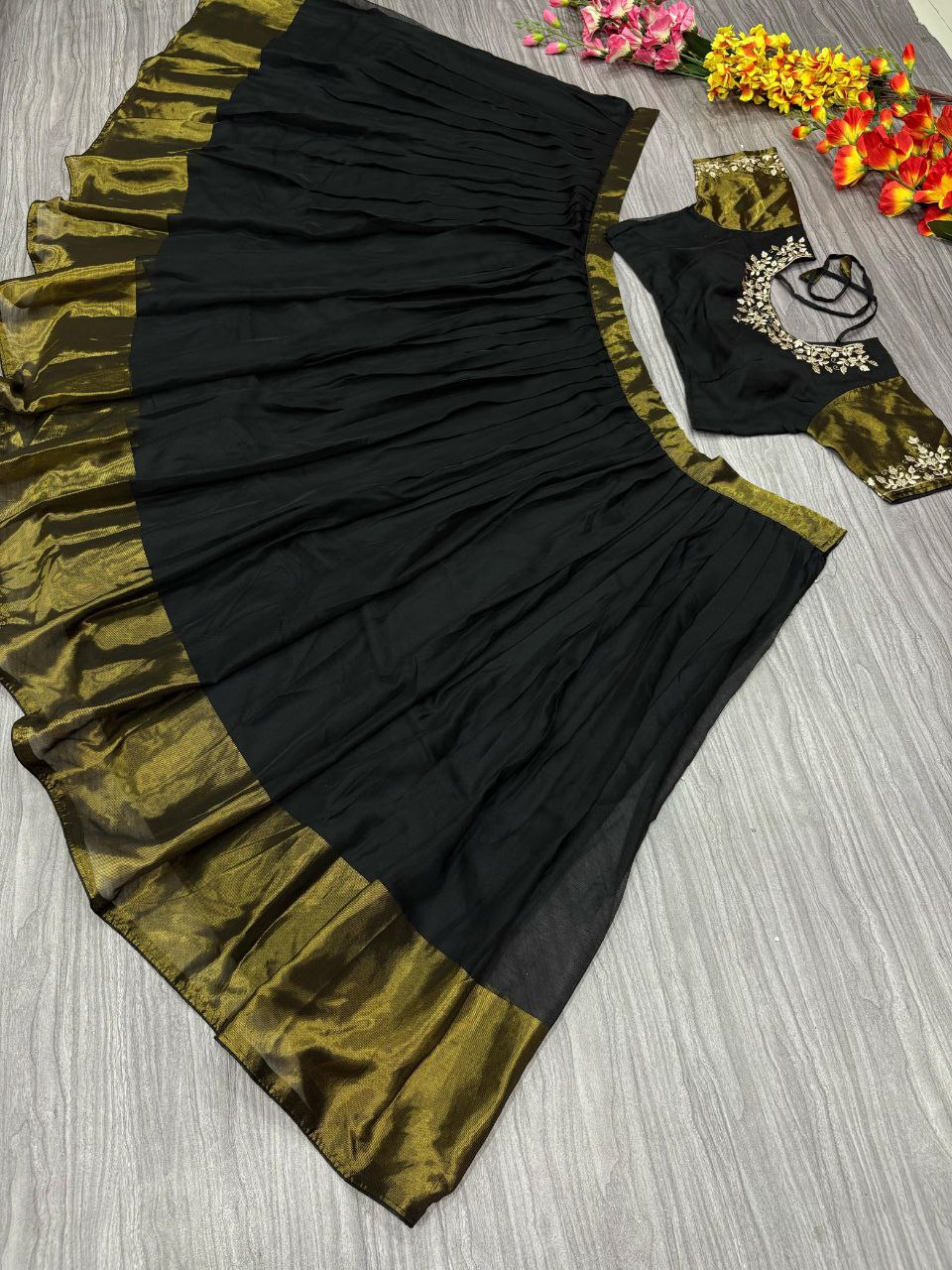 Function Wear Black Color Chiffon Jari Patta Lehenga Choli