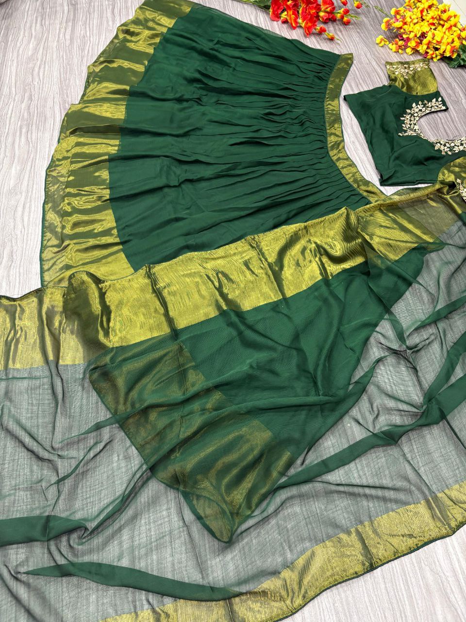 Function Wear Green Color Chiffon Jari Patta Lehenga Choli