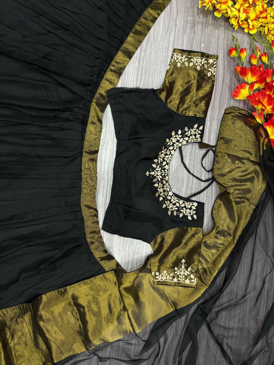 Function Wear Black Color Chiffon Jari Patta Lehenga Choli