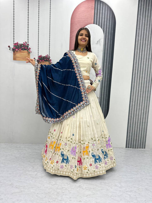 Stunning Off White Color Lehenga choli With Navy Blue Dupatta