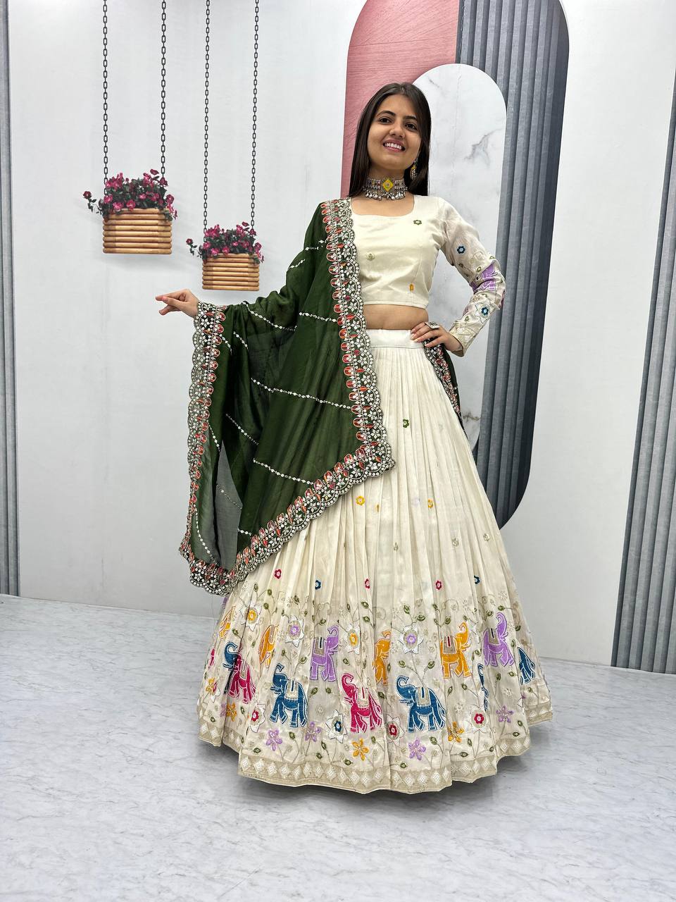 Stunning Off White Color Lehenga choli With Mehndi Dupatta