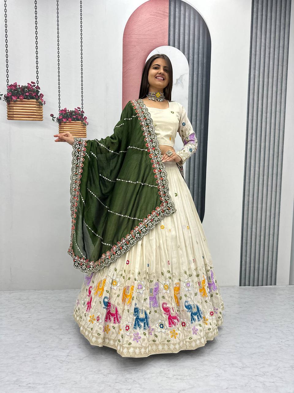 Stunning Off White Color Lehenga choli With Mehndi Dupatta