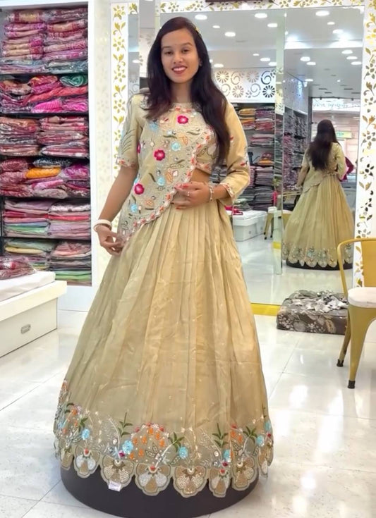 Occasion Wear Gold Crush Cream Color Lehenga Choli