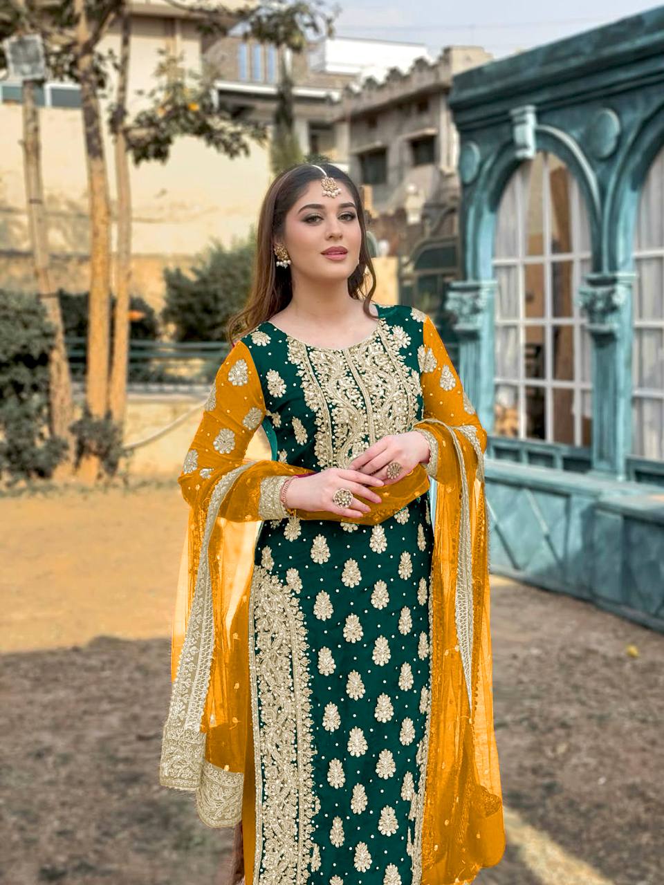 Green Color Heavy Embroidery Work Palazzo Suit