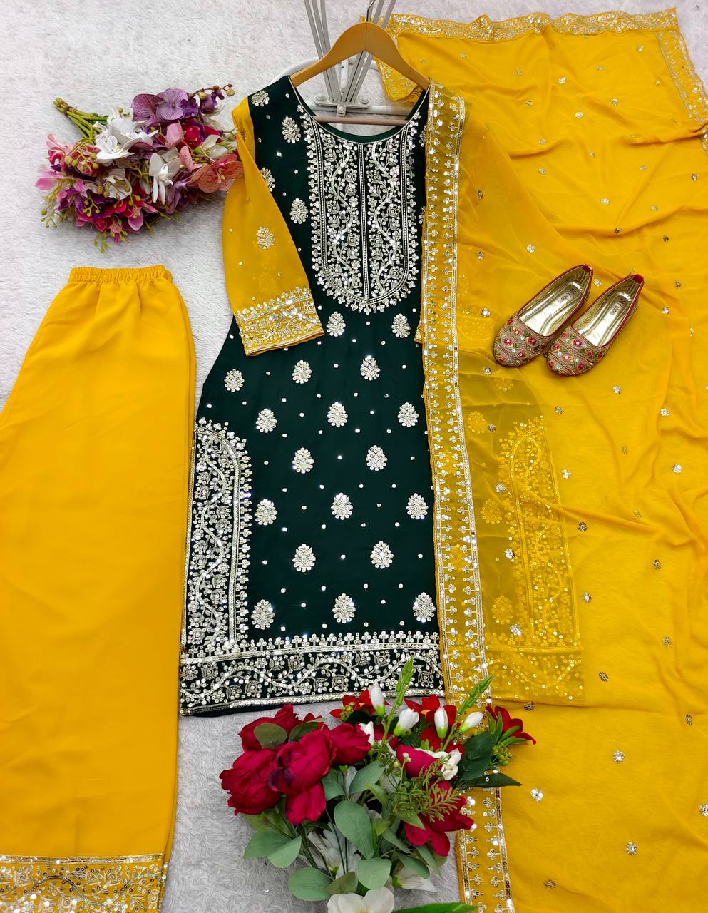 Green Color Heavy Embroidery Work Palazzo Suit