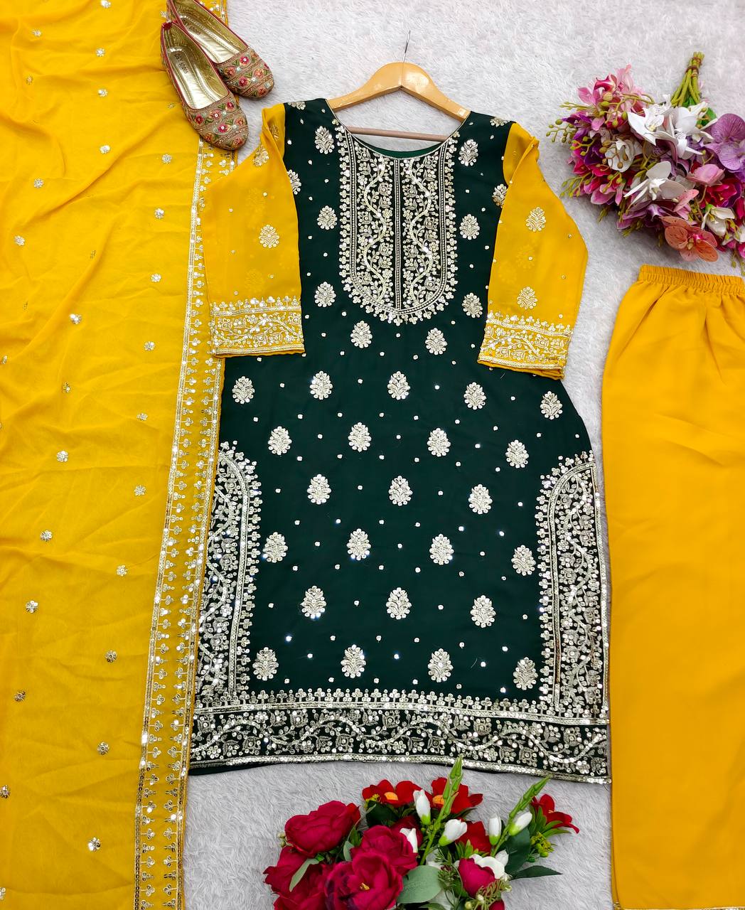 Green Color Heavy Embroidery Work Palazzo Suit