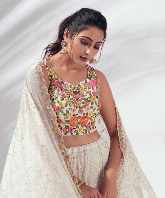 Function Wear Heavy Work White Color Lehenga Choli