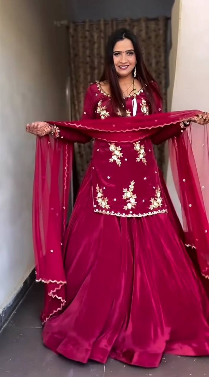 Designer Embroidery Work Marron Color Top With Lehenga Choli