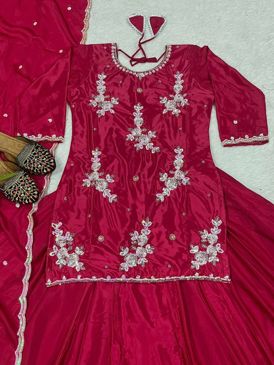 Designer Embroidery Work Marron Color Top With Lehenga Choli