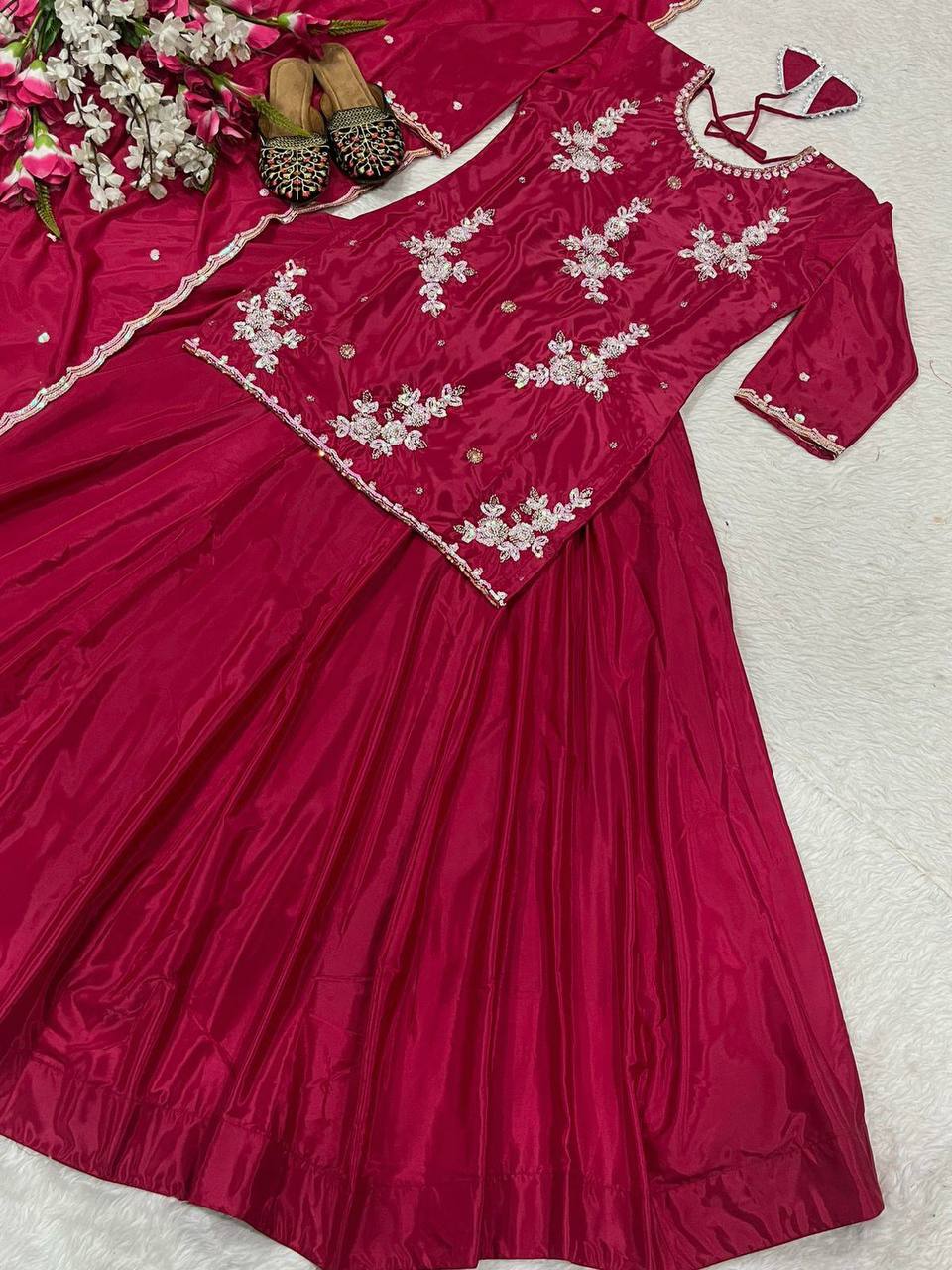 Designer Embroidery Work Marron Color Top With Lehenga Choli