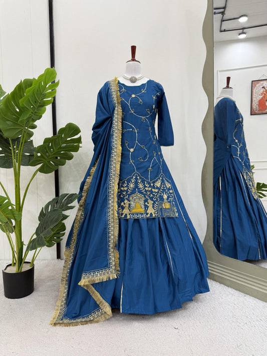 Beautiful Embroidery Work Navy Blue Color Top With Lehenga choli