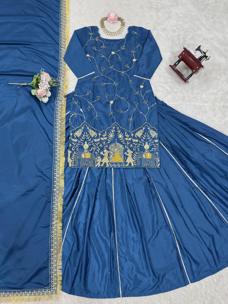 Beautiful Embroidery Work Navy Blue Color Top With Lehenga choli
