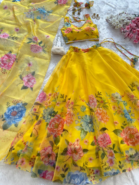 Haldi Wear Multi Flower Printed Yellow Color Lehenga Choli