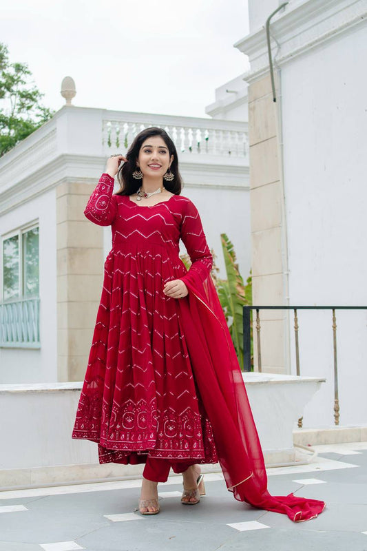 Party Wear Embroidery Work Red Color Anarkali Suit