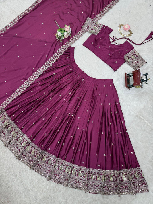 Festive Wear Heavy Work Wine Color Lehenga Choli