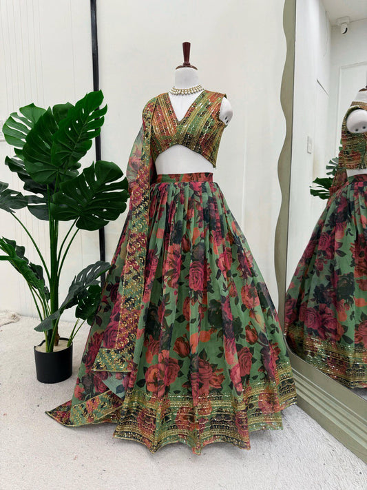 Designer Multi Flower With Green Color Lehenga Choli