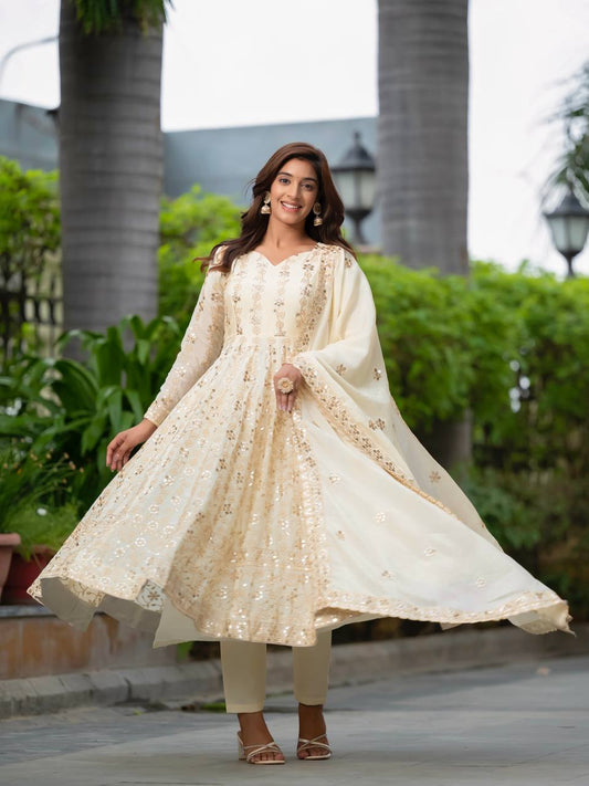 Occasion Wear Heavy Work White Color Anarkali Gown
