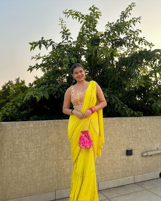 Haldi Wear Embroidery Work Yellow Color Lehenga Saree