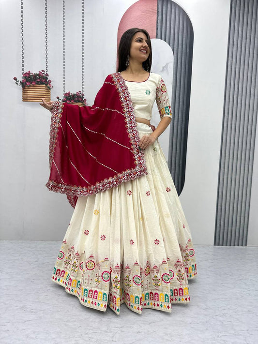 Traditional Wear Embroidery Work White Color Lehenga Choli