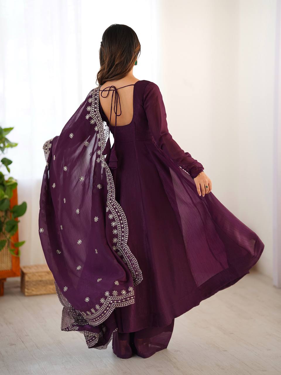 Awesome Sequence Work Wine Color Anarkali Gown