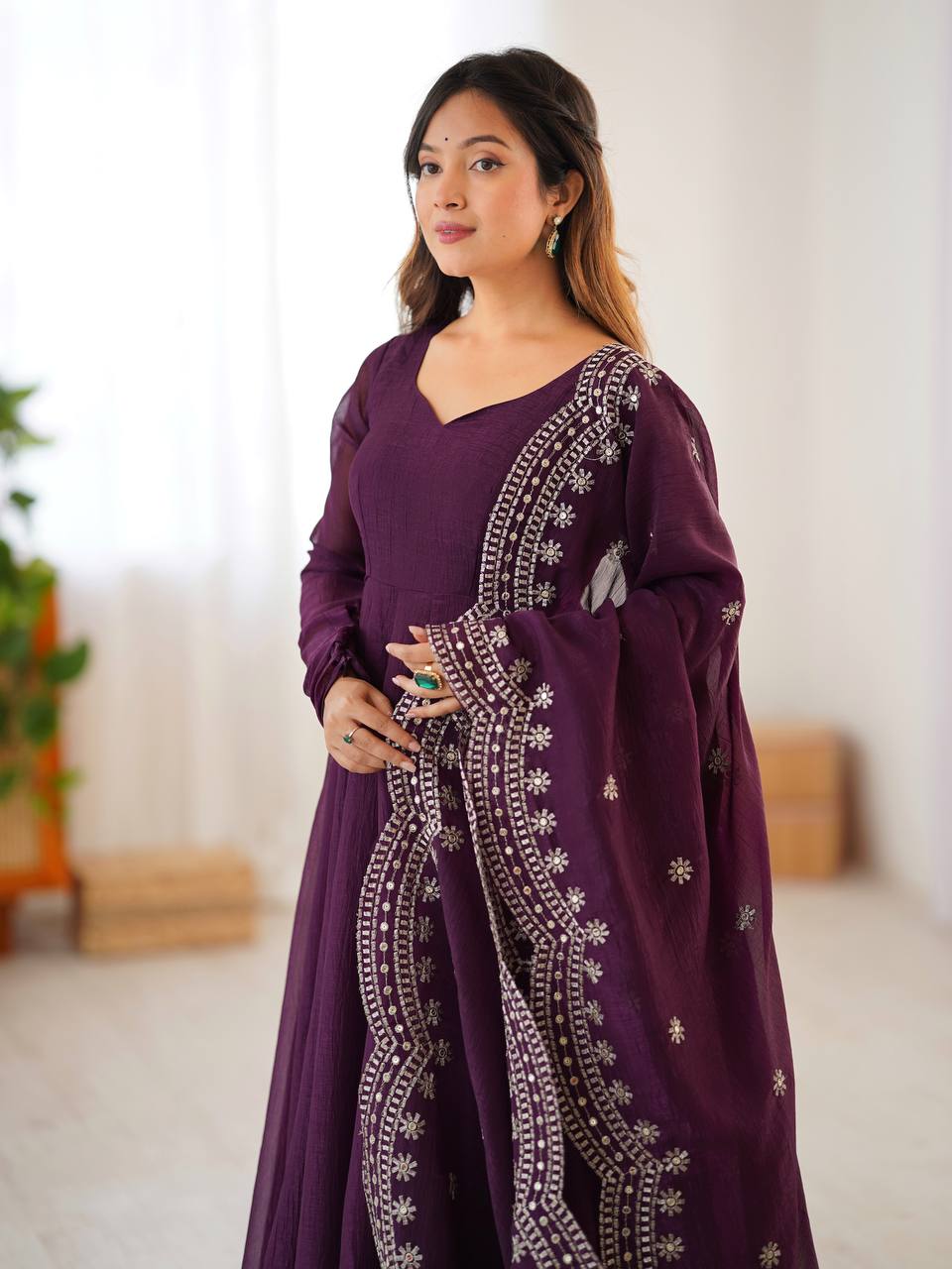Awesome Sequence Work Wine Color Anarkali Gown