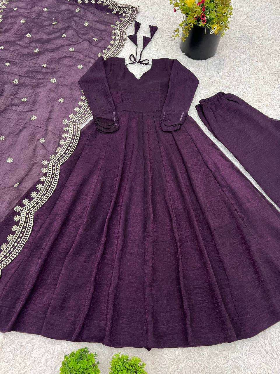 Awesome Sequence Work Wine Color Anarkali Gown