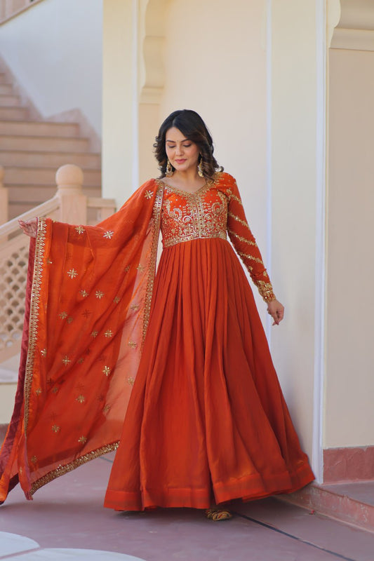 Function Wear Embroidered Work Orange Color Gown